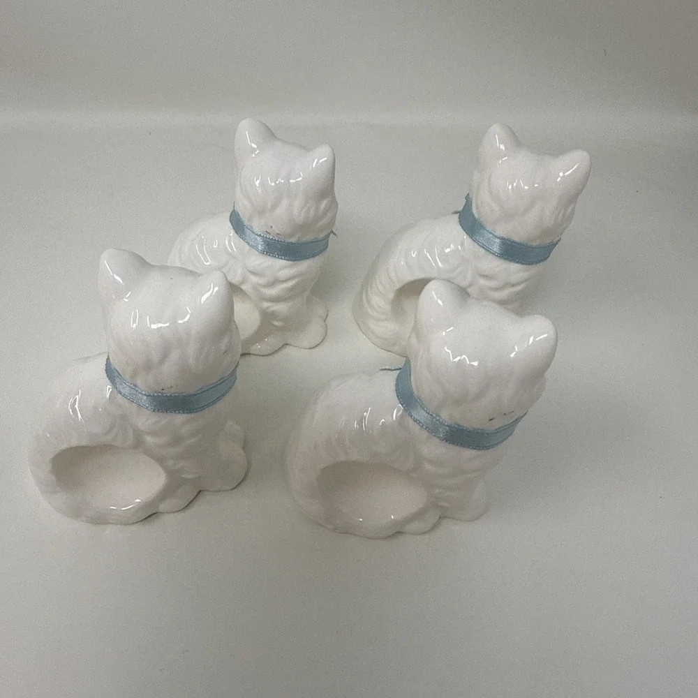Cat Napkin Rings With Blue Bows Set Of 4 Ron Gordon Designs Ceramic 1983 Vintage